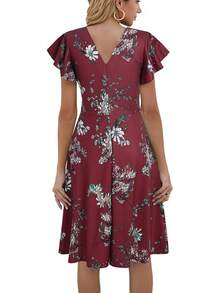 Women's Semi-Formal Ruffle Sleeve V-Back Work Fit And Flare Cocktail Knee Length Dress With Pockets, 2025 Style - 勃根地花卉 - View 2