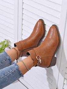 女士时尚舒适尖头/粗跟/拉链踝靴，新款秋冬中跟靴 - 咖啡棕 - 查看 6