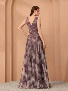 Mgiacy,New Arrival,V-Neck, Printed Mesh, Tie, Long Skirt With A Big Swing, High-End Evening Dress,FOR,Dinner Party - Purple - View 2