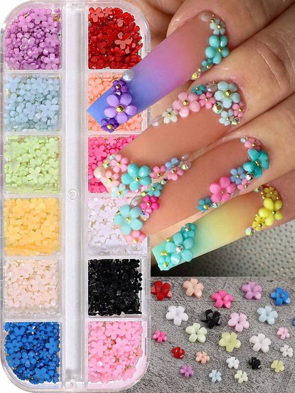 12 Compartimientos 3D Flores Acrílicas para Decoración de Uñas, 12 Colores Flores Pastel Mixtas, Perlas Caviar Cuentas Gemas de Diamante AB Planas, Encantos de Flores Mixtas para Uñas, Cristales para Uñas Surtidos Gemas de Primavera DIY Suministros para Uñas