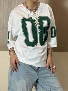 Jersey Shirts For Women Y2k Oversized T Shirt Number Graphic Tees V Neck Half Sleeve Streetwear Tops - 白色 - 查看 1