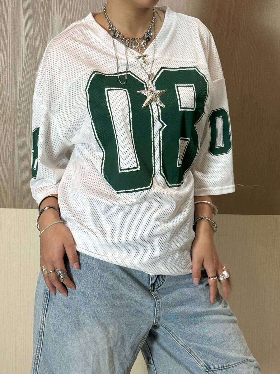 Jersey Shirts For Women Y2k Oversized T Shirt Number Graphic Tees V Neck Half Sleeve Streetwear Tops - 白色 - 查看 1