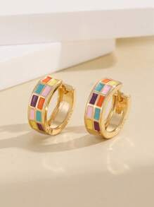 1 par de pendientes de cobre elegantes con estampado de tablero de ajedrez multicolor para mujer