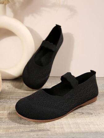 2025 Höst Dam Helårs Stickade Mary Jane Platta Skor, Enfärgade Slip-On Rundtåskor, Tyg Ovandel & Foder, Gummi Yttersula, Handtvätt Kan