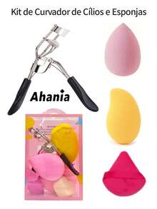 Ahania Eyelash Curler Kit With Spring And 5 Makeup Sponges In Mango And Teardrop Shape, Velvet Sponge - 彩色 - 查看 1