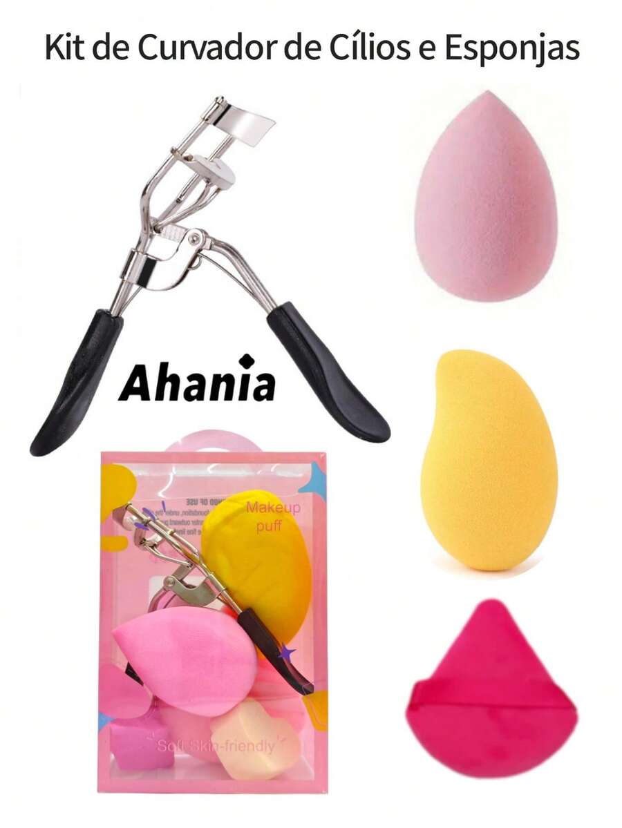 Ahania Eyelash Curler Kit With Spring And 5 Makeup Sponges In Mango And Teardrop Shape, Velvet Sponge - 彩色 - 查看 1