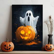1 Piece,Orange Pumpkin Ghost's Halloween, Vintage Frameless Art Decoration Painting, Printed Posters Mural, Waterproof Canvas,Suitable For Home, Office, Bedroom, Living Room, Study, Bathroom, Bar, Wall Arts And Home Decoration, Is An Ideal Holiday Gift Halloween Decor Fall Decor Room Decor