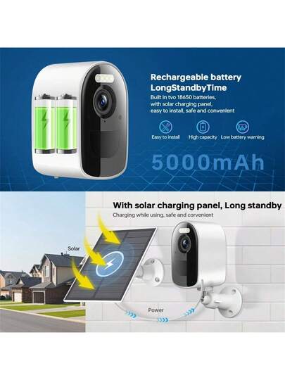 Solar Powered Outdoor Wireless Security Camera, Camera De Segurança Wifi,2K High Definition Slimme Surveillance 5000mAh Battery, Panel Power Supply, 5G WiFi, Full Night Vision, Spotlight Alarm, Two Way Audio, Remote Monitoring Home Cloud Storage/SD Card, Quality Appearance, Property Monitoring. view 4