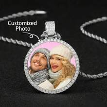 1pc Personalized Photo Pendant Necklace - Hip Hop Luxury Style, Sparkling Rhinestones, Non-Magnetic - Perfect For Men, Ideal For Christmas, Thanksgiving, Teacher's Day, Back To School, Graduation Gifts, Personalized Necklace