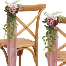 2 Piece Wedding Party Chair Decoration, With Artificial Eucalyptus And Ribbon Wedding Aisle Decor, Purple Peony Flower