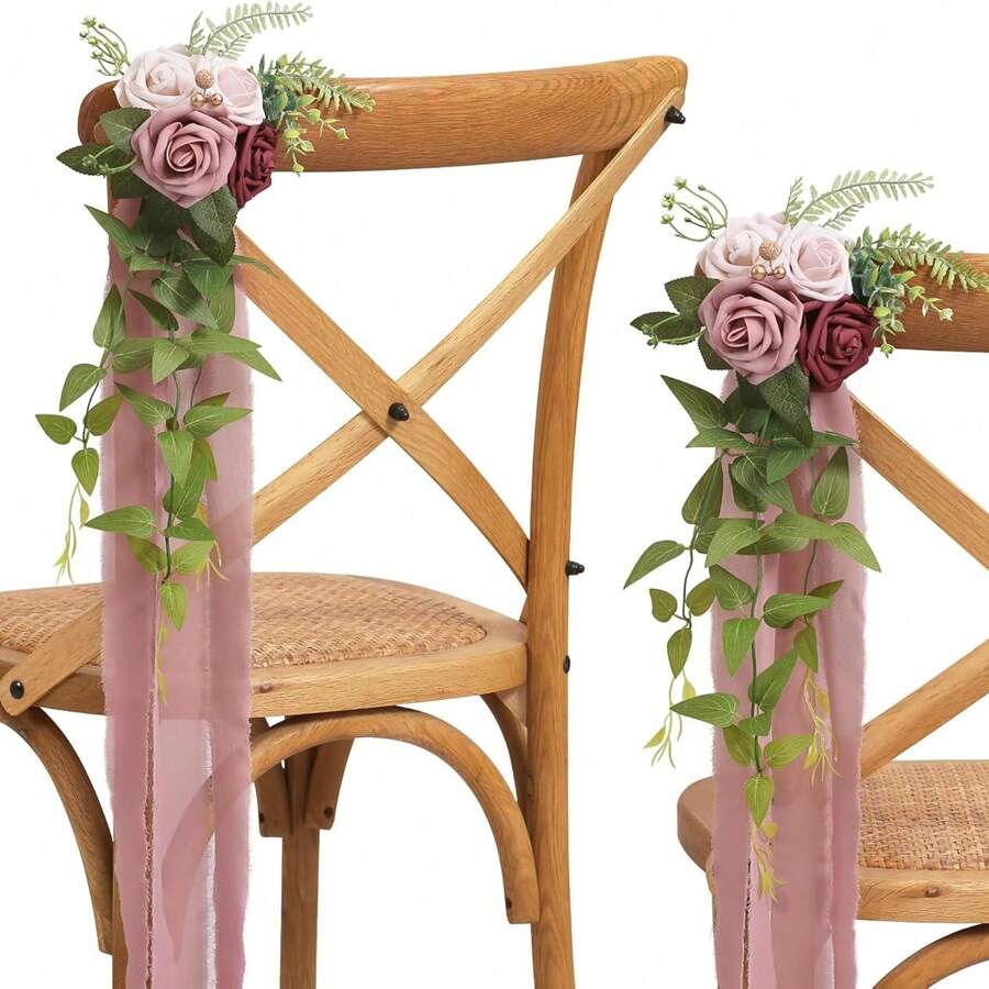 2 Piece Wedding Party Chair Decoration, With Artificial Eucalyptus And Ribbon Wedding Aisle Decor, Purple Peony Flower