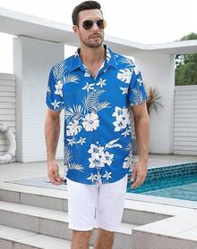 Men's Hawaiian Shirt Button Down Tropical Beach Short Sleeve Aloha Shirthalloween - 白花藍 - 查看 6
