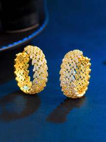 1 Pair Dubai Yellow Gold Plated Big Round Micro Pave CZ Heart Tennis Hoop Earrings, Women Silver Plated Cubic Zirconia Jewelry Accessories For Brides, Engagement, Wedding, Banquet, Party, Or Mother's Christmas Gift