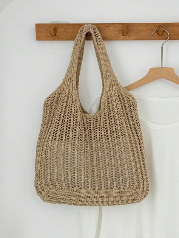 Summer New Fashion Style Lady Daily Use Lightweight Tote Bags Hollowed Out Knitted Crochet Beach Bags, Large Capacity One-Shoulder Bags For Shopping,Travel, Outdoor And School. Multifunctional Storage Commute Hobo Bag For Vacation Holiday Or Easy Carrying,Tote Bag For School ,Back To School