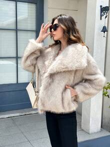 Seelio 秋冬新款厚人造毛领人造毛衬里中长款大衣，青春优雅 - 米灰 - 查看 6