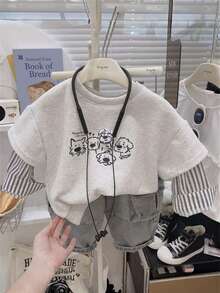 Boys Cartoon Puppy Striped 2 In 1 Long Sleeve Sweatshirt, Fashionable And Versatile, Spring/Autumn - Grey - View 3