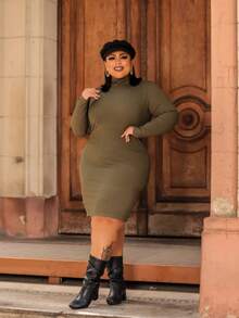 Women's Plus Size Dress Long Sleeve High Neck Elegant Premium Ribbed Fabric - Army Green - View 1