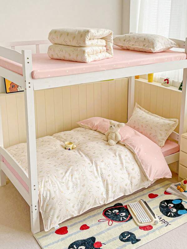 4pcs Set Student Dormitory Top & Bottom Bunk, Infant Daycare, Nursery, Children's Room Kids Nap Time Toddler Going To School Bedding Set, Baby & Children Quilt Cover Bed Sheet With 2 Pillowcases, Double-Sided Design