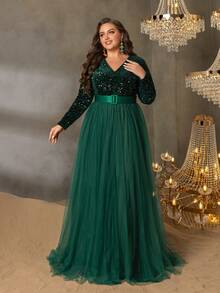 Faeriesty Curve Plus V-Neck Long Sleeve Sequin-Embellished Formal Gown With Waistband & Flowing Tulle Skirt – Spring-Summer Elegance For Weddings, Galas, Proms, Evening Events
