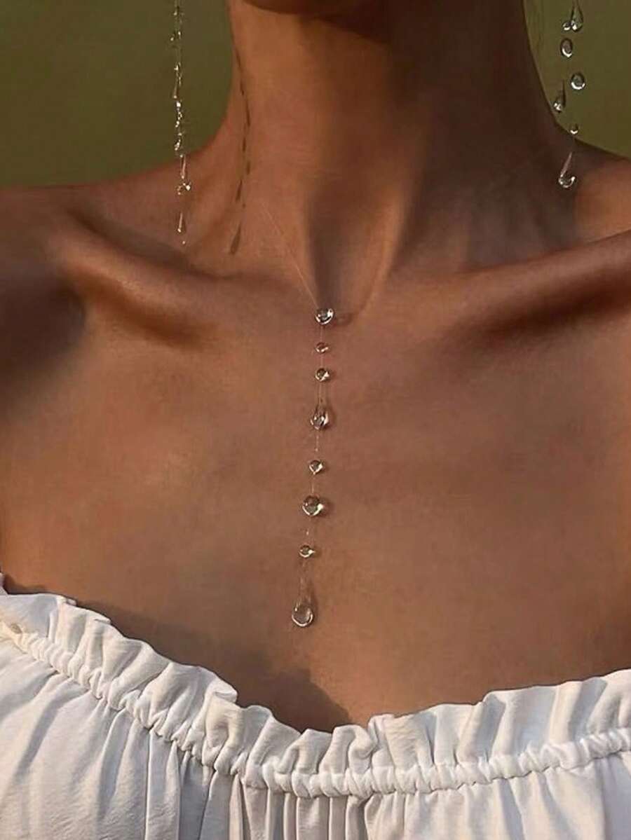 1 chiếc vòng cổ hình học đính hạt thời trang với thiết kế hình giọt sương, phù hợp cho phụ nữ trong mọi dịp - Trong sáng - Xem 1