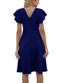 Women's Semi-Formal Ruffle Sleeve V-Back Work Fit And Flare Cocktail Knee Length Dress With Pockets, 2025 Style - 寶藍色 - View 2