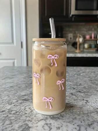1pc Glass Cup With Bamboo Lid And Straw, Beer Can Shaped Glass Tumbler, Water Cup, Iced Coffee Cup, Smoothie Cup, Fruit Cup, Juice Glass With Pink Bow Print, Reusable Drinking Jar, Summer Beverage Glassware, Large Capacity Outdoor Travel Portable Drink Juice Cup, Home Office Party Gift Idea, Birthday Party Holiday Gift, Christmas Present, Suitable For Summer And Winter.