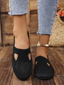 Women's Round Toe Knitted Flat Casual Sneakers, Comfortable Everyday Walking Slip-On Loafers, Suitable For Mothers