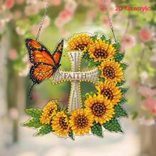 2D Diamond Painting Kit, DIY 5D Asymmetrical Crystal Diamond, Sunflower Butterfly Cross Pendant Craft Set, Suitable For Home And Garden Wall/Door Decor, Ideal As Birthday Or Gift For Friends And Family, 2D Flat