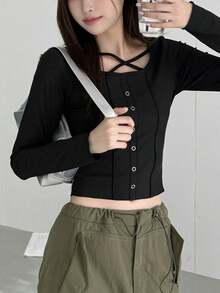 Women's Minimalist Solid Color Long Sleeve Shirt With Button Decor - Black - View 1