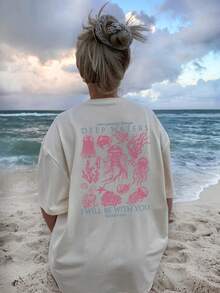 女式夏季新款简约可爱海洋生物印花休闲度假风宽松百搭圆领白色短袖T恤时尚日常上衣适合日常度假穿着。图案T恤女款粉色上衣