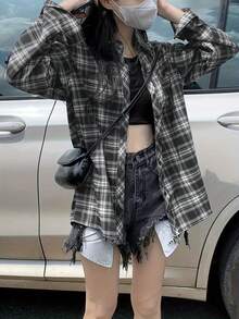 Women's Single-Breasted Pocket Plaid Long Sleeve Loose Shirt Black - Black - View 3