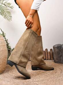 Botas Cano Médio Femininas, Nova Chegada de Cor Cáqui para Outono/Inverno, Bico Fino, Couro, Slip-On, Salto Grosso, Botas , Botas Country, Botas de Montaria, Botas de Calça, Botas Country, Uso Diário Botas Femininas Cáqui, Festa