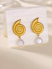 1 par de pendientes colgantes de acero inoxidable con forma de estrella de mar y concha para mujeres, con colgante de perla falsa, joyería de estética de verano para mujer