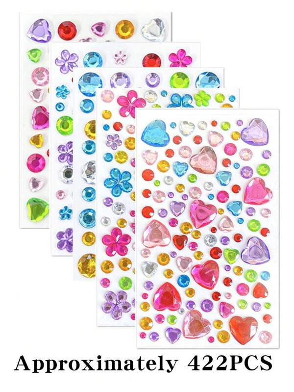 1778PCS/422pcs Reusable Self-Adhesive Children's Synthetic Gemstone Rhinestone Stickers - Various Shapes (Heart, Star, Flower, Crown) And Colors (Mixed/White/Purple/Red/Blue/Yellow) - Acrylic Glitter Stickers For DIY Crafts, Scrapbooks, Clothing, And Accessories, Children's Diamond Stickers, Acrylic Crystal Stickers, DIY Three-Dimensional Decorative Rhinestone Girls