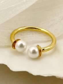 1pc Elegant & Feminine Stainless Steel Plated Gold Ring With Pearl, Crystal & Geometric Line Decor, Suitable For Women's Everyday Wear, Casual Gatherings With Friends