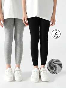 2/1 双女童紧身裤，儿童紧身裤，婴幼儿七分紧身裤，竖条纹，黑色，灰色，纯色，多色，轻盈春夏季，简约时尚，适合日常穿着，柔软舒适的紧身裤，可搭配短袖，适合返校季，休闲搭配，学生，新学期