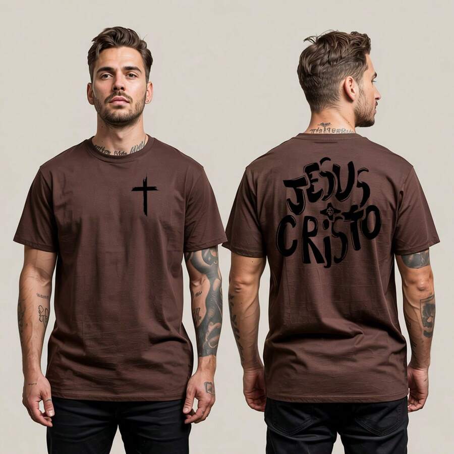 Men's Slim Cross Jesus Christ Round T-Shirt Shirt - 鏽棕色 - 查看 1