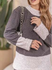 Oversize Knit Set In Plain Mousse Yarn With Striped Detail On The Hem, Autumn Winter - Dark Grey - View 4