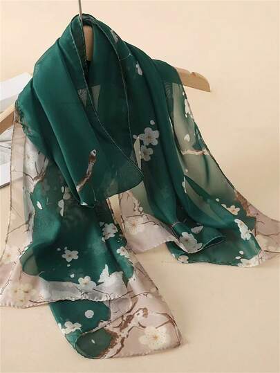 优雅玫瑰印花薄围巾，时尚沙滩披肩，复古休闲长款雪纺真丝围巾，女士夏季连衣裙搭配