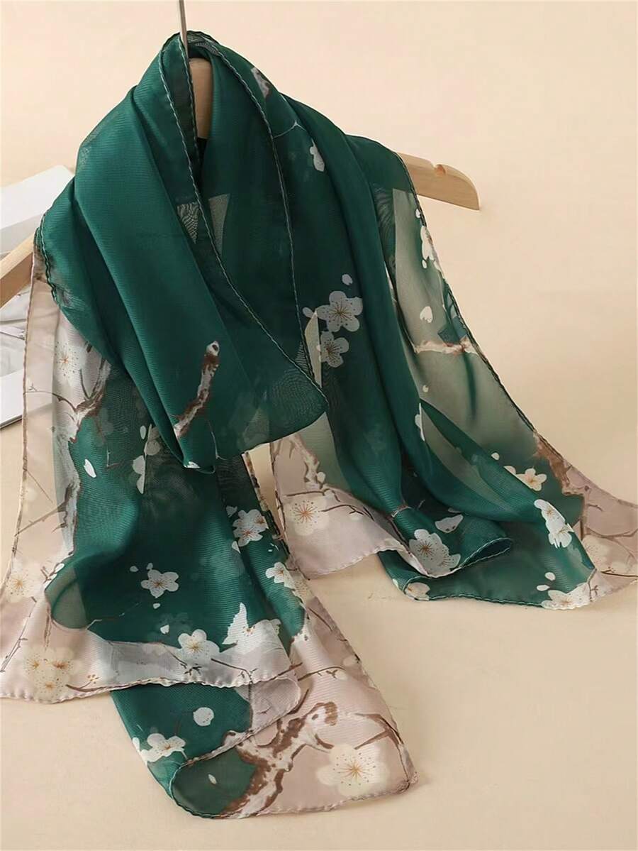 优雅玫瑰印花薄围巾，时尚沙滩披肩，复古休闲长款雪纺真丝围巾，女士夏季连衣裙搭配 - 墨綠色 - 查看 1