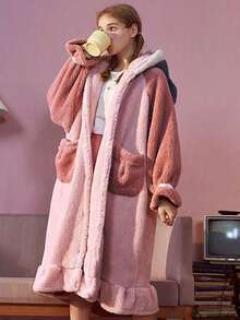 Bata de Invierno para Mujer con Capucha Peludosa - Estilo Cartoon Acolchado y Transpirable, Ideal para Relax y Fiestas de Pijamas - Rosa - Ver 1