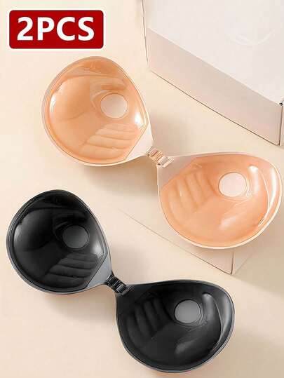 2 对隐形无肩带硅胶粘性胸罩，丰胸，婚纱专用，加大码和小胸，深 V 文胸，肉色和黑色