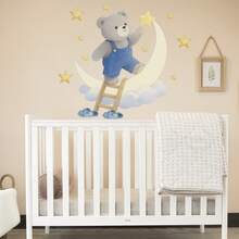 Children's Room Decoration Wall Sticker, Teddy Bear Picking Stars & Sleeping Bear Family Wall Decals, Beautify Baby Room - Multicolor - View 2