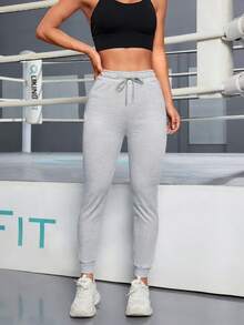 1pc Women Outdoor Sports Casual Sweatpants With Drawstring Pocket, Elastic Solid Color Leisure Pants For Running Cycling - 灰色 - 查看 2