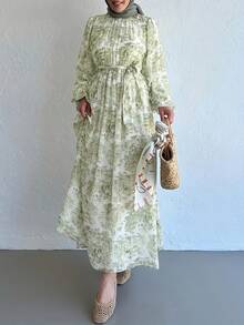 Vestido con mangas de farol, cintura recogida y estampado floral elegante para uso diario