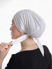 1pc Solid Color Soft & Comfortable Hijab Caps,With Tie String & Tail, Fashionable Turban Headwrap, Suitable For Daily Life And Outdoor Sports For Dress - White - View 3