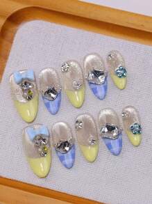 10pcs/Set Handmade High-End Checker Pattern Colorful Nail Sticker, Wearable Nail Art, Spring/Summer Style, Removable & Suitable For Women As Gift
