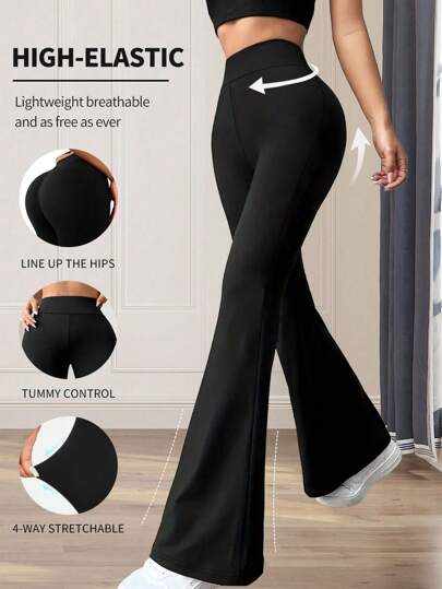 1 pieza Nuevos pantalones acampanados de cintura alta color negro, talla grande, para mujer, de ajuste ceñido, elásticos y cómodos, apropiados para baile y yoga