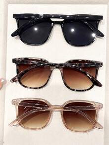 3pcs Plastic Square Full Frame Multi-Color Inlaid Nail Polish Tinted Retro Bohemian Decorative Portable Ins Style Fashion Eyeglasses, Suitable For Women Summer Beach Holiday Costume - 3pcs 黑透茶白豆花 - 查看 3