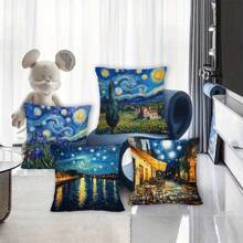 4PCS, Contemporary Polyester 100% Throw Pillow Covers, Single-Sided Print, 16x16 18x18 20x20 Inches, Starry Night, Van Gogh Inspired Scenes, Zipper Closure, Machine Washable, Polyester 100%, For Living Room Sofa Bed Decor, No Insert
